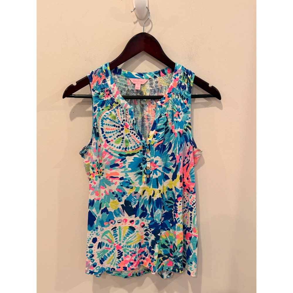 Lilly Pulitzer Sleeveless Button Front Cotton Top Blue Pink Floral Style